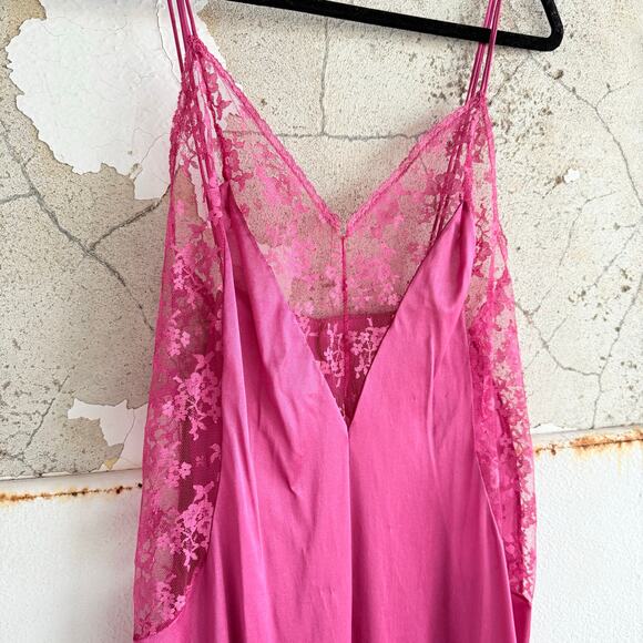 Vtg Maxi Slip Dress Hot Pink Lace 90s Nylon Lingerie Nightgown Coquette Womens M - Picture 2 of 8